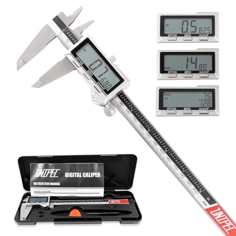 UNIPEC 8 Inch/ 200mm IP54 Grade Stainless Steel Digital Caliper & Stainless Steel Rule, Inch/Millimeter/Fraction Conversion, Large LCD Screen - Image 1
